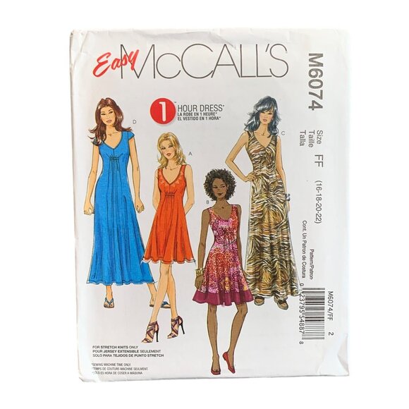 Easy McCalls M6074 1 Hour Dress Sewing Pattern Size 16-22 uncut - Picture 1 of 2